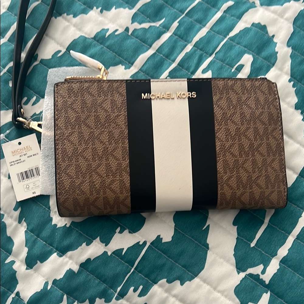 Michael Kors Brown and Black Wristlet with White Stripe